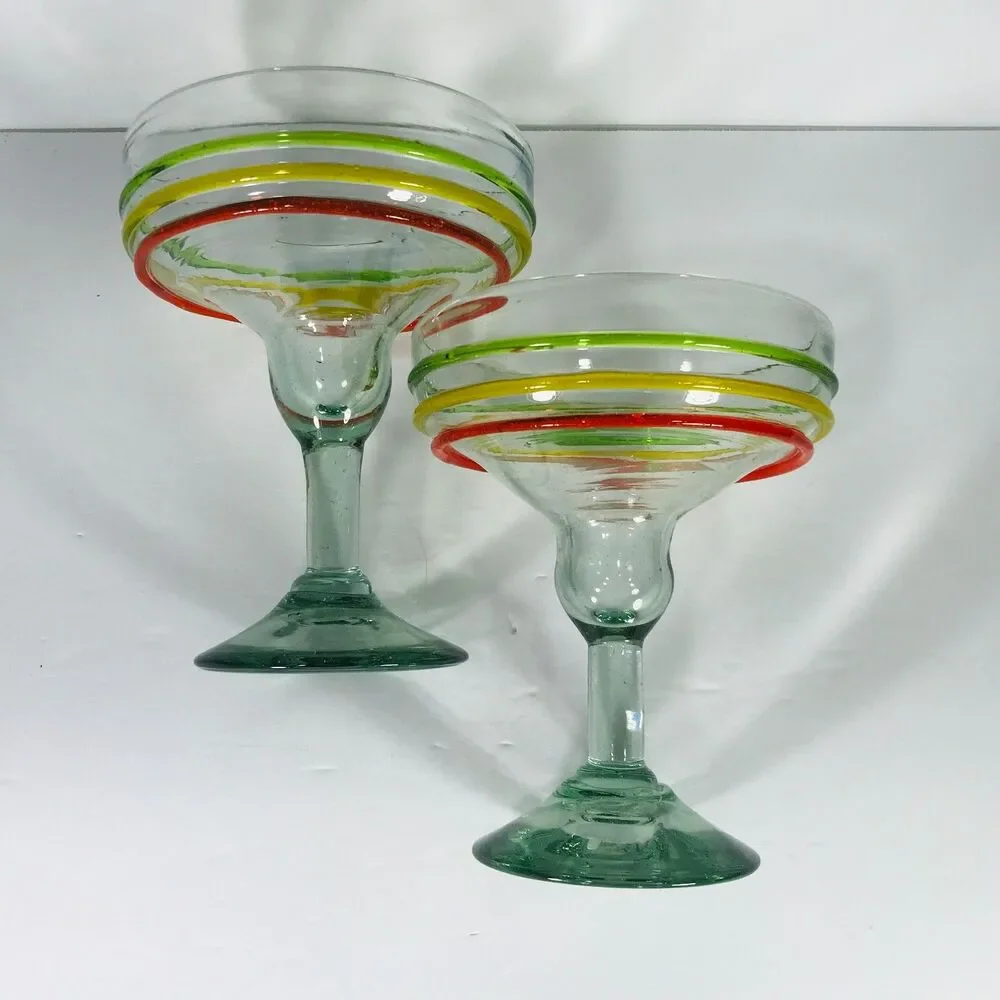 Handblown 2 Mexican Margarita Glasses Raised Striped Cocktail Bar Bubbles